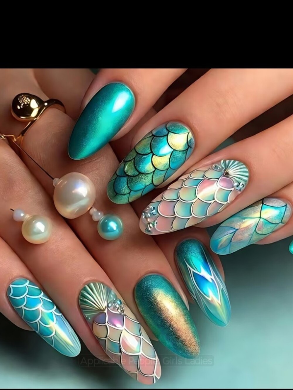 🔥3/$21 Mermaid Scale Teal & Iridescent Long Press-On Nails